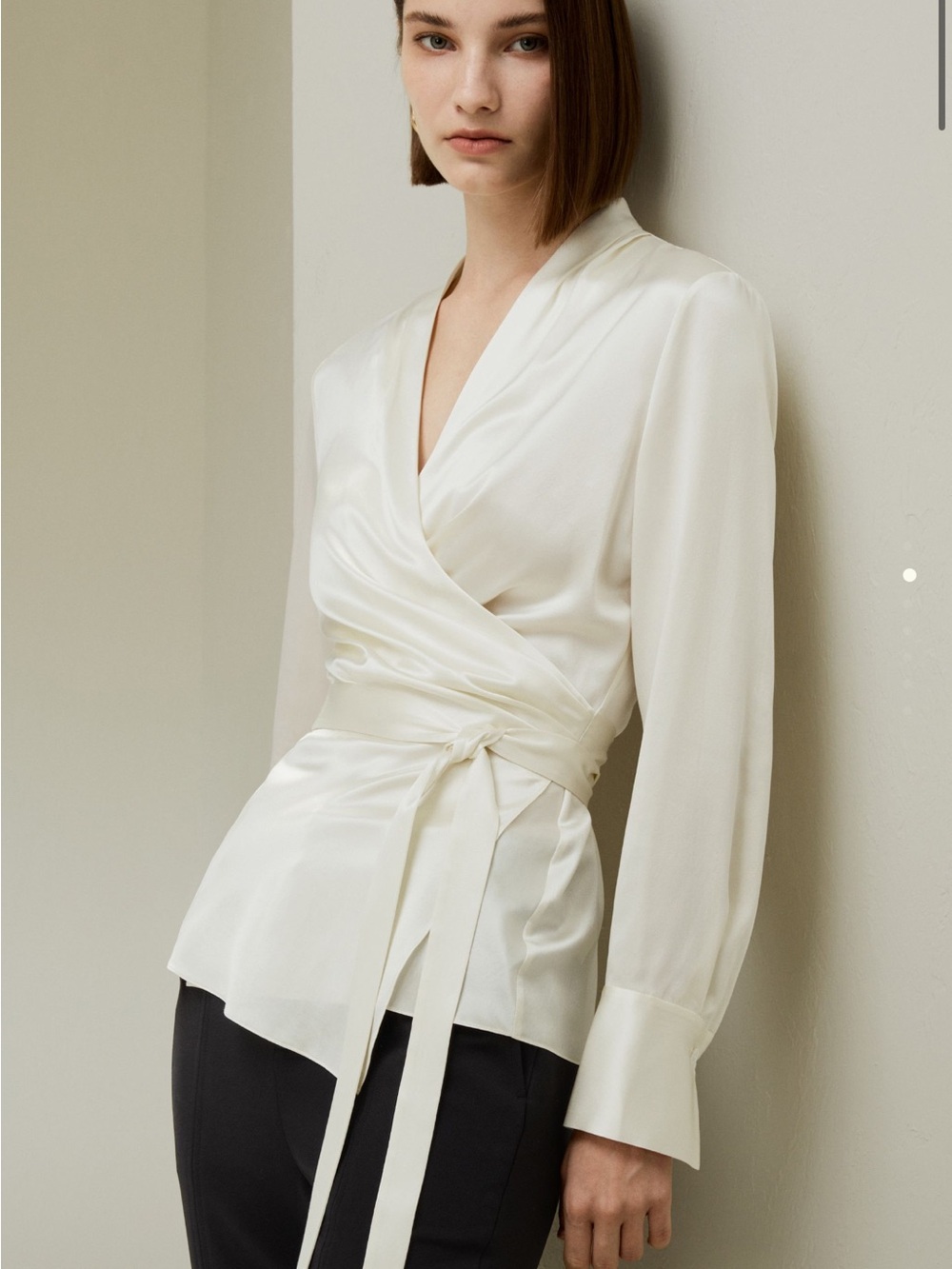 Ivory Satin Wrap Blouse with Self-Tie Waist